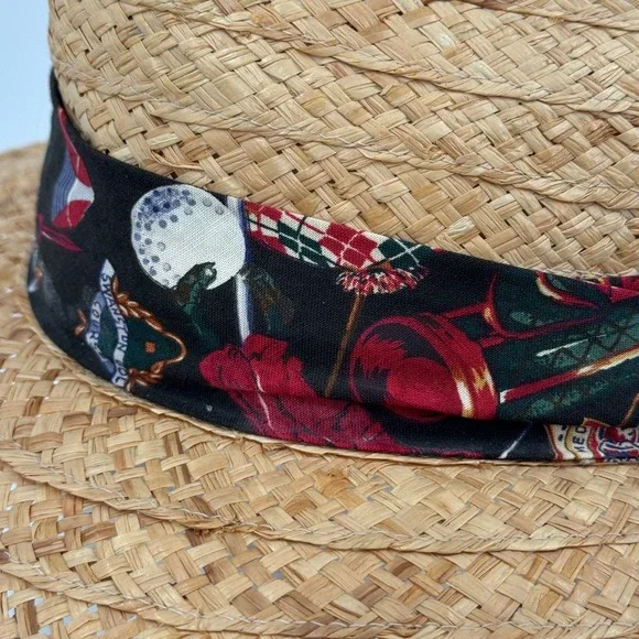 Mango Mango Straw Sun Hat Tan Golf Masters Novelty Print Band Made in USA Fedora